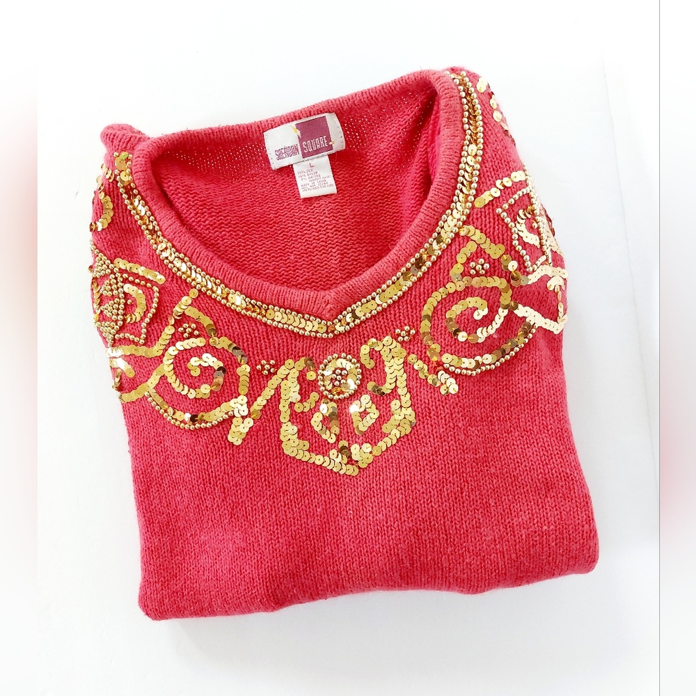 Vintage Sequin & Beaded Light Red Silk & Angora‎ Sweater Large Sheridan Square